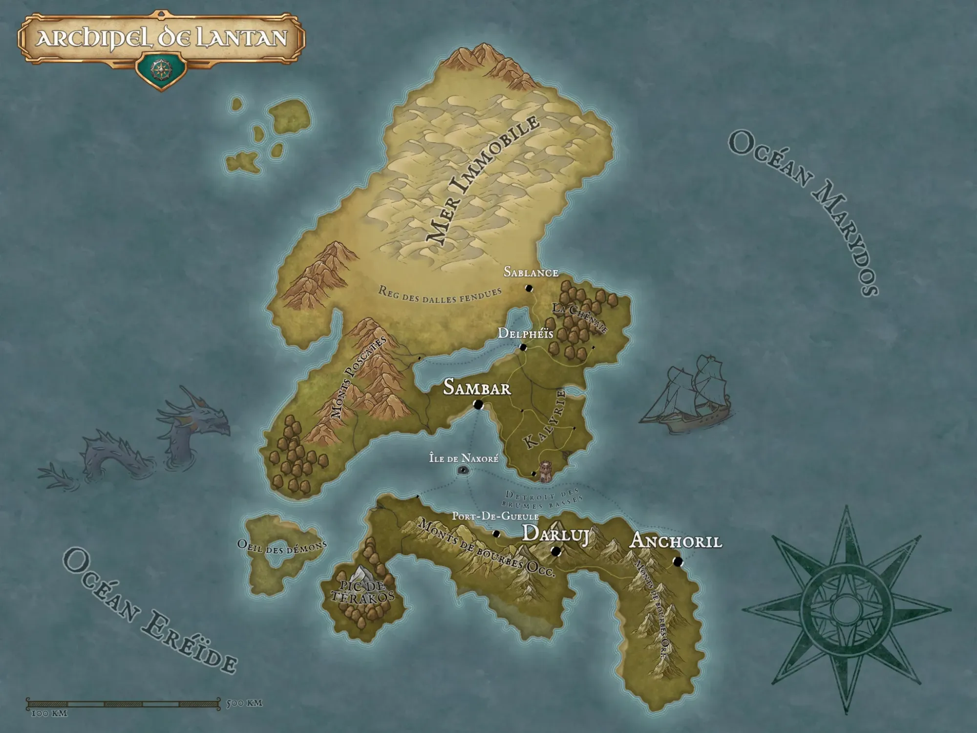 Carte de l’archipel de Lantan : la Mer Immobile au nord, Sambar et la Kalyrie au centre, Darluj, Anchoril et le pic de Têrakos au sud