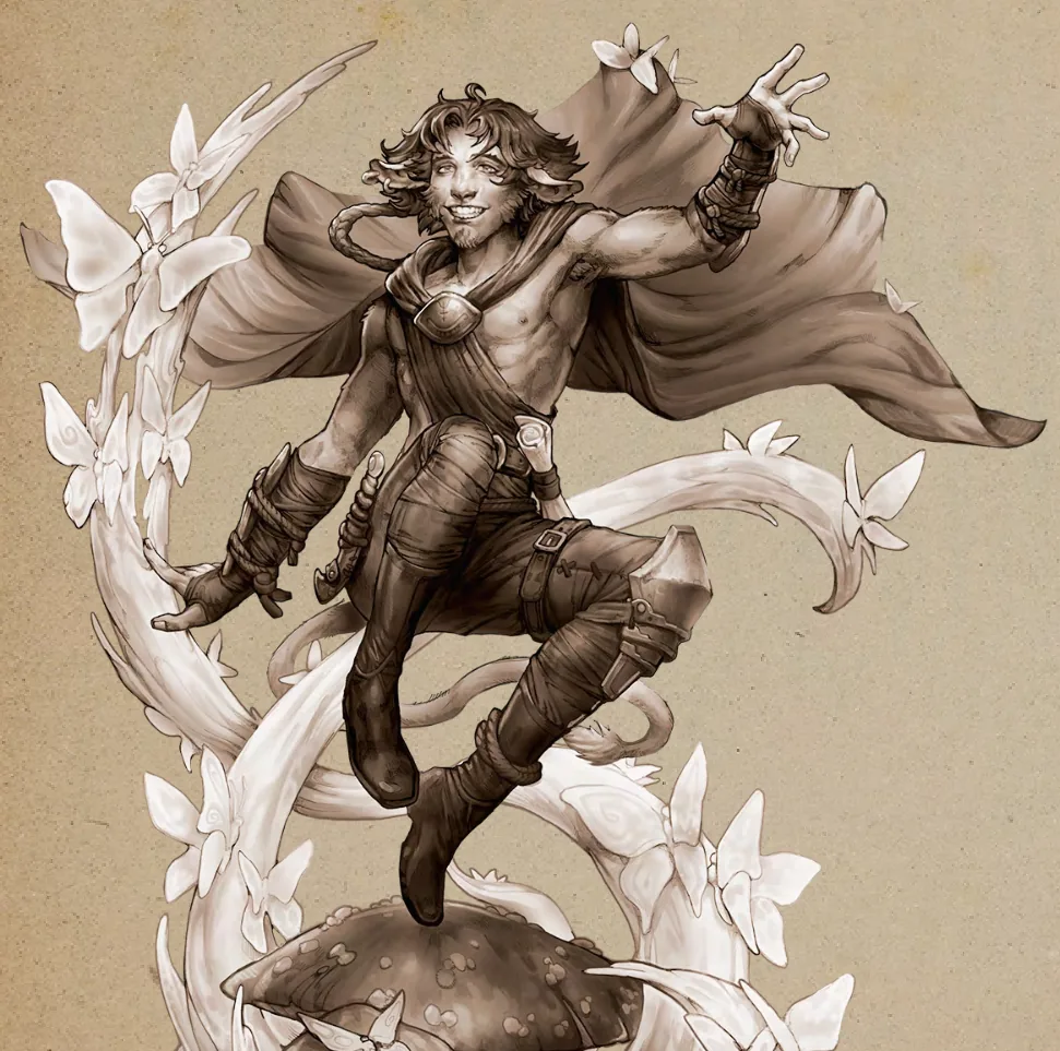 Daera, firbolg aux cornes courtes et à la grande cape, bondissant au-dessus d’un champignon parmi des papillons